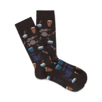 Pair of dark brown crew socks with a pattern of illustrated drums, drumsticks, and cymbals in blue and brown.
