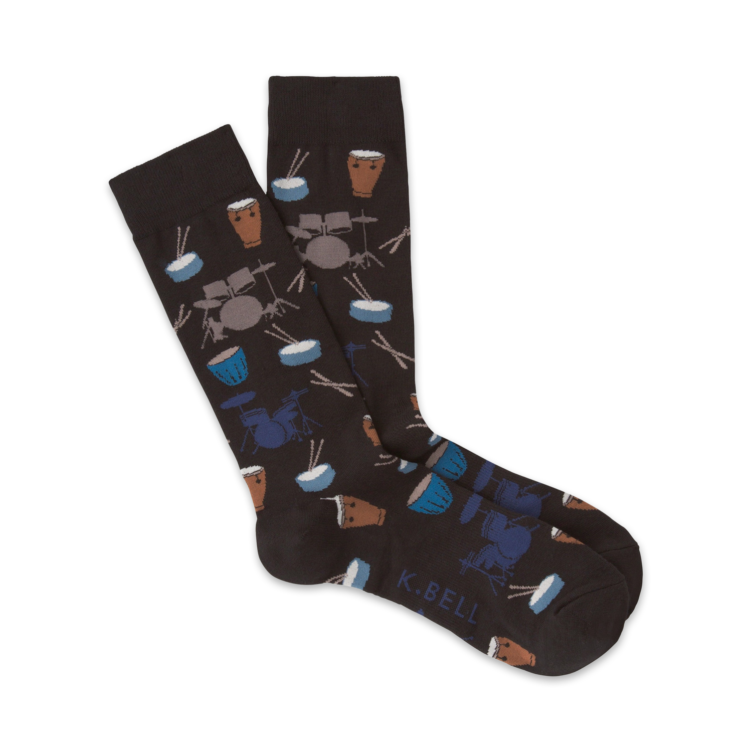 Pair of dark brown crew socks with a pattern of illustrated drums, drumsticks, and cymbals in blue and brown.
