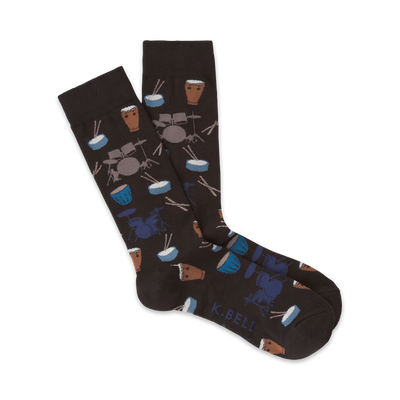 brown crew socks with repeating pattern of drums, drumsticks, and cymbals.   