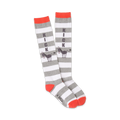 Pair of grey and white striped knee-high socks with a donkey and the word KICK printed on them.  Coral-colored cuffs and toes.