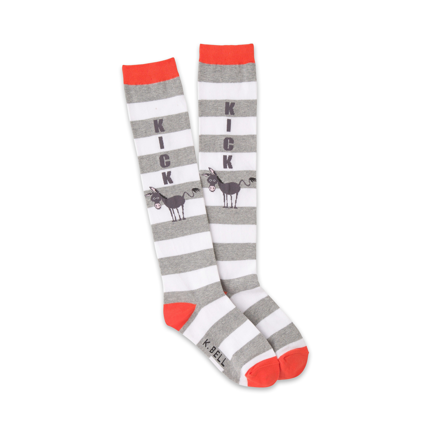 Pair of grey and white striped knee-high socks with a donkey and the word KICK printed on them.  Coral-colored cuffs and toes.
