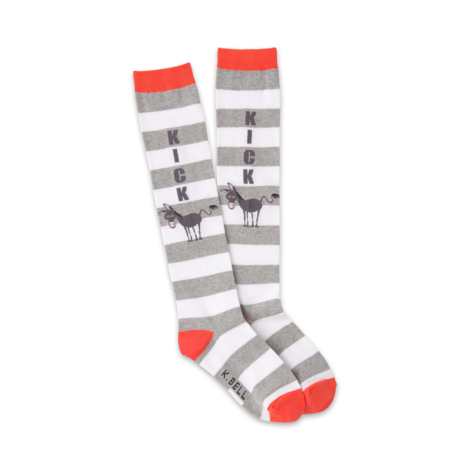 Pair of grey and white striped knee-high socks with a donkey and the word KICK printed on them.  Coral-colored cuffs and toes.
