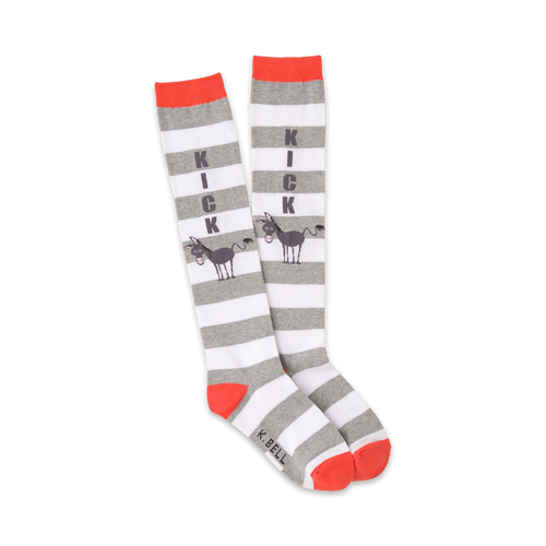 Pair of grey and white striped knee-high socks with a donkey and the word KICK printed on them.  Coral-colored cuffs and toes.