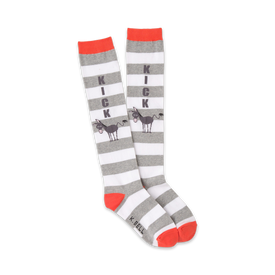 women's knee high gray and white striped socks with orange toe, heel, and top featuring a kicking donkey.   