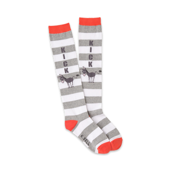 women's knee high gray and white striped socks with orange toe, heel, and top featuring a kicking donkey.   