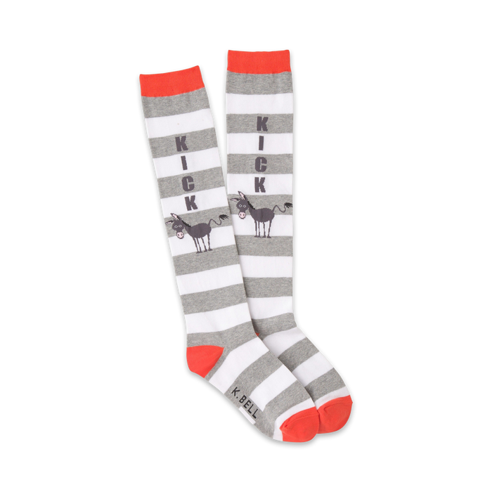 women's knee high gray and white striped socks with orange toe, heel, and top featuring a kicking donkey.    }}