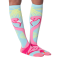 Close-up shot showcasing the flamingo knee-high socks' design details and vibrant colors.
