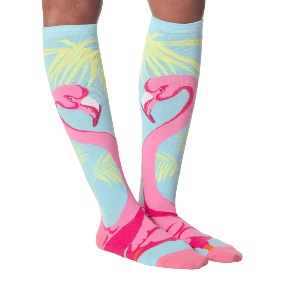 Close-up shot showcasing the flamingo knee-high socks' design details and vibrant colors.
