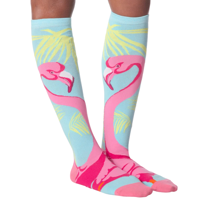 Close-up shot showcasing the flamingo knee-high socks' design details and vibrant colors.