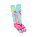 Pair of women's knee-high socks. Light blue background with pink flamingos and yellow-green palm leaves.