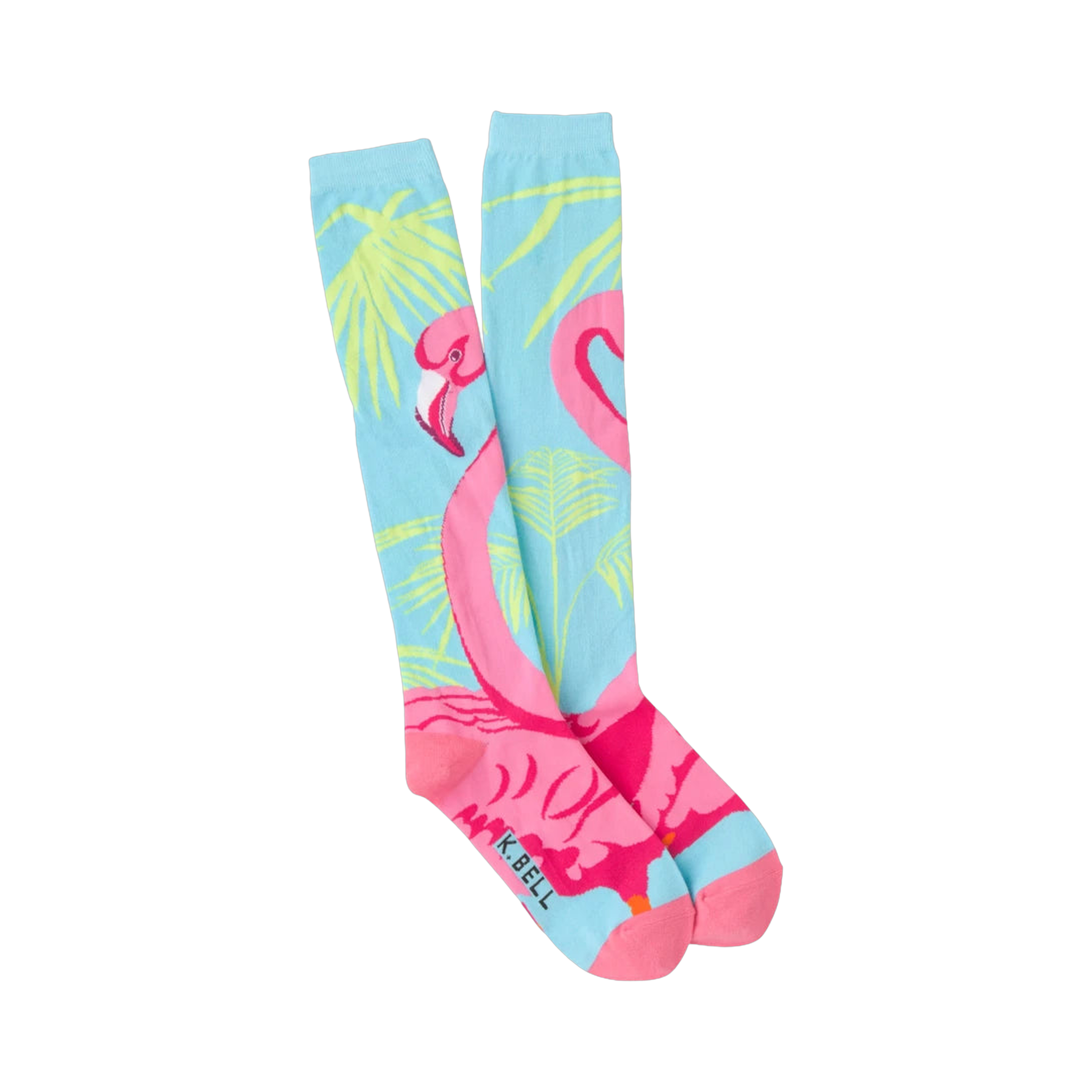 Pair of women's knee-high socks. Light blue background with pink flamingos and yellow-green palm leaves.