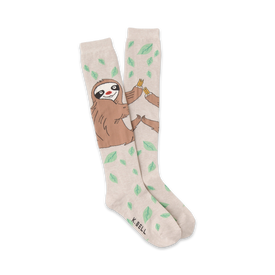 white knee-high socks with green leaves and brown sloths wearing party hats and holding pink balloons for women.    