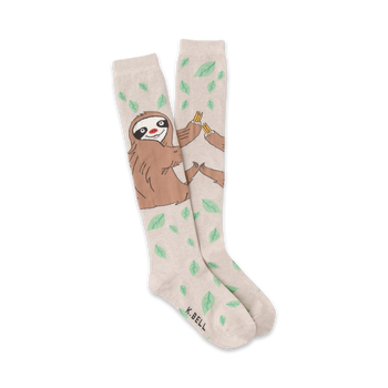 white knee-high socks with green leaves and brown sloths wearing party hats and holding pink balloons for women.    