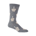 Single grey crew sock shown from the side, featuring a beige middle finger print. K.BELL logo is visible.