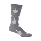 Single grey crew sock shown from the side, featuring a beige middle finger print. K.BELL logo is visible.