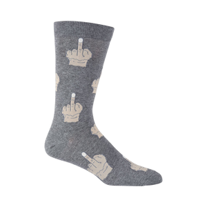 Single grey crew sock shown from the side, featuring a beige middle finger print. K.BELL logo is visible.
