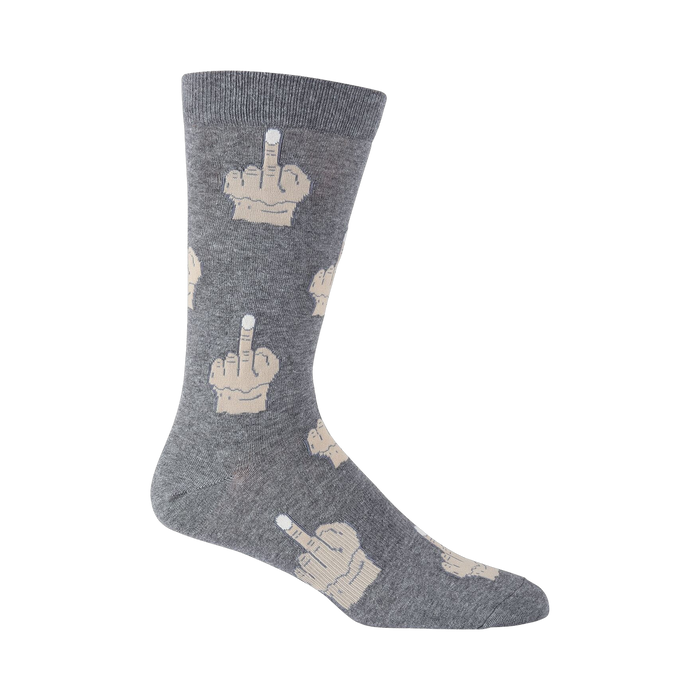 Single grey crew sock shown from the side, featuring a beige middle finger print. K.BELL logo is visible.