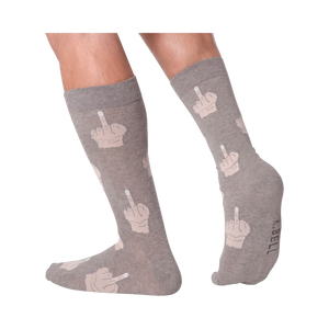 Flatlay image showing three pairs of Middle Finger socks in grey, blue, and dark brown.