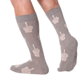 Flatlay image showing three pairs of Middle Finger socks in grey, blue, and dark brown.