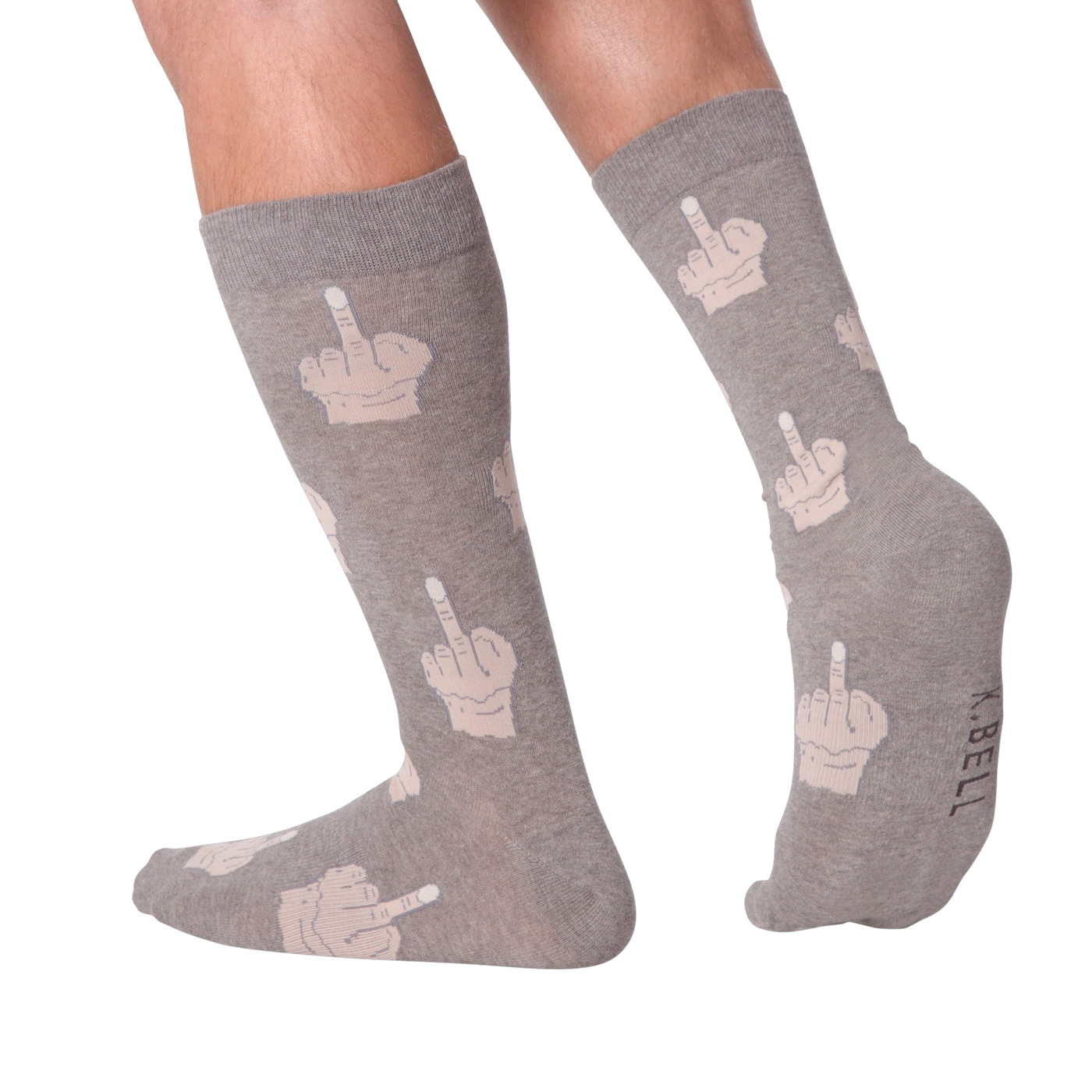 Flatlay image showing three pairs of Middle Finger socks in grey, blue, and dark brown.