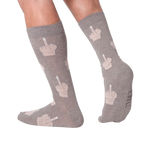Flatlay image showing three pairs of Middle Finger socks in grey, blue, and dark brown.