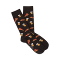 Pair of dark brown crew socks with a repeating pattern of pizza slices and beer mugs. Fun and casual style.