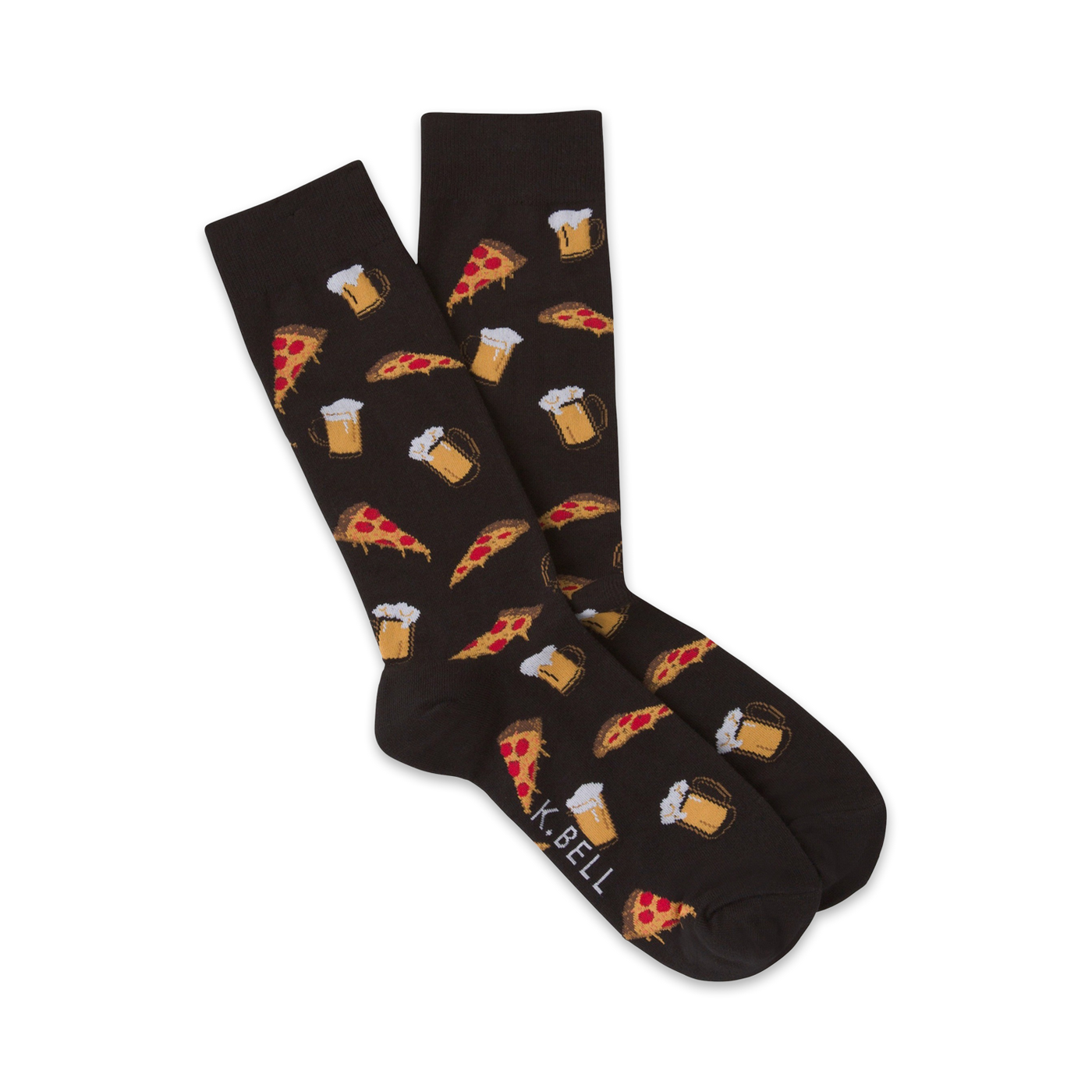 Pair of dark brown crew socks with a repeating pattern of pizza slices and beer mugs. Fun and casual style.