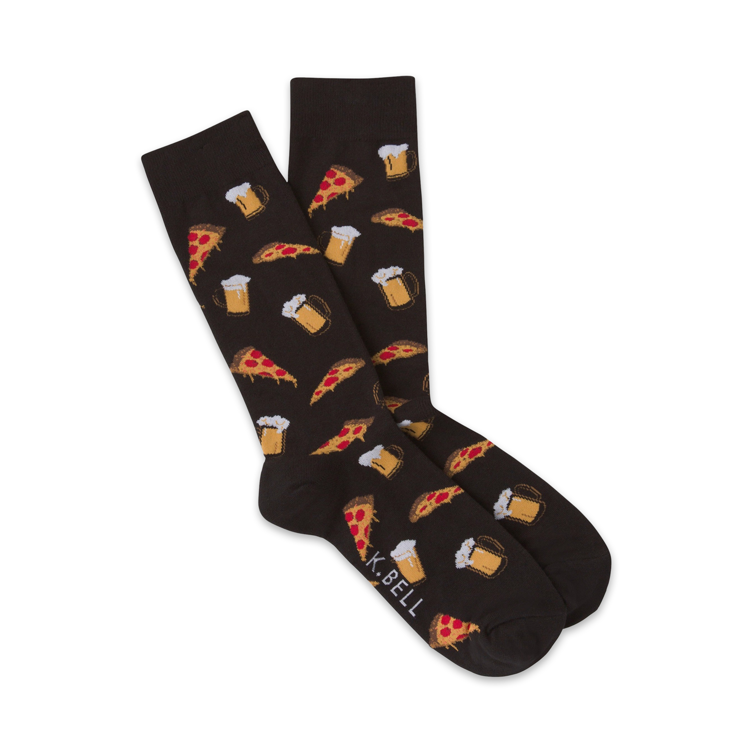 Pair of dark brown crew socks with a repeating pattern of pizza slices and beer mugs. Fun and casual style.