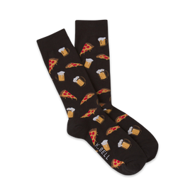 black crew socks featuring a pattern of pizza slices and beer mugs, perfect for food and drink enthusiasts or casual wear   