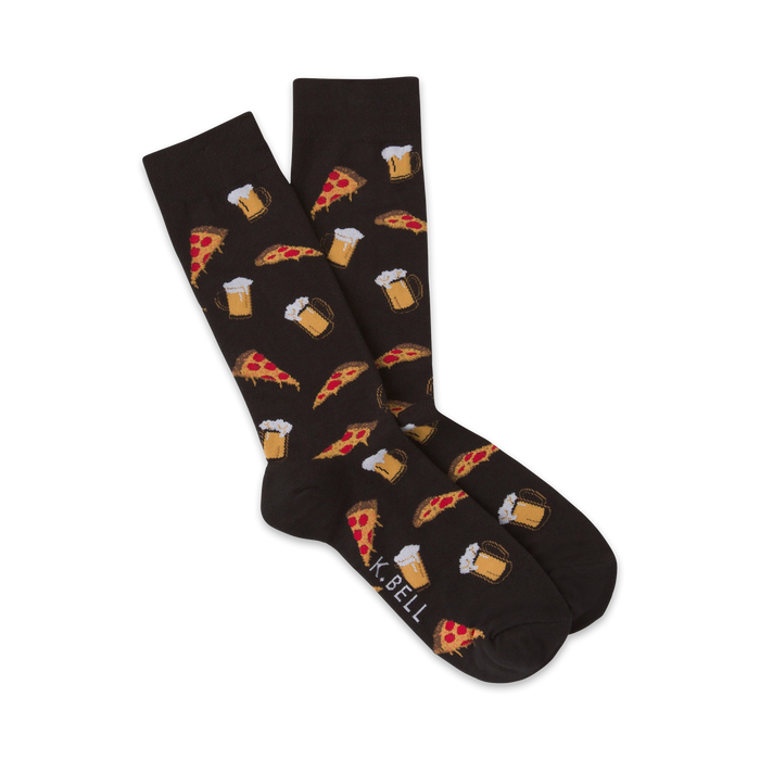 black crew socks featuring a pattern of pizza slices and beer mugs, perfect for food and drink enthusiasts or casual wear    }}