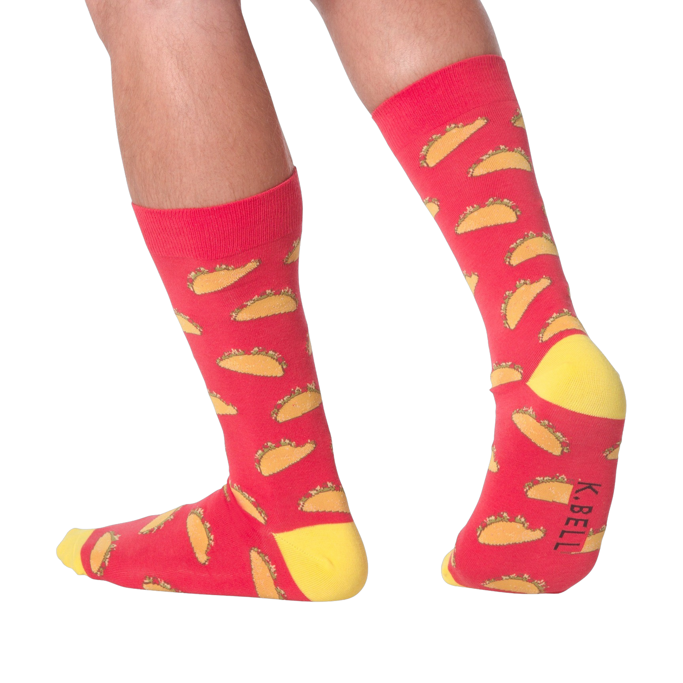 Lifestyle photo showing the taco socks on a person's feet.