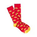 Pair of red crew socks with a yellow cuff and illustrated tacos pattern.