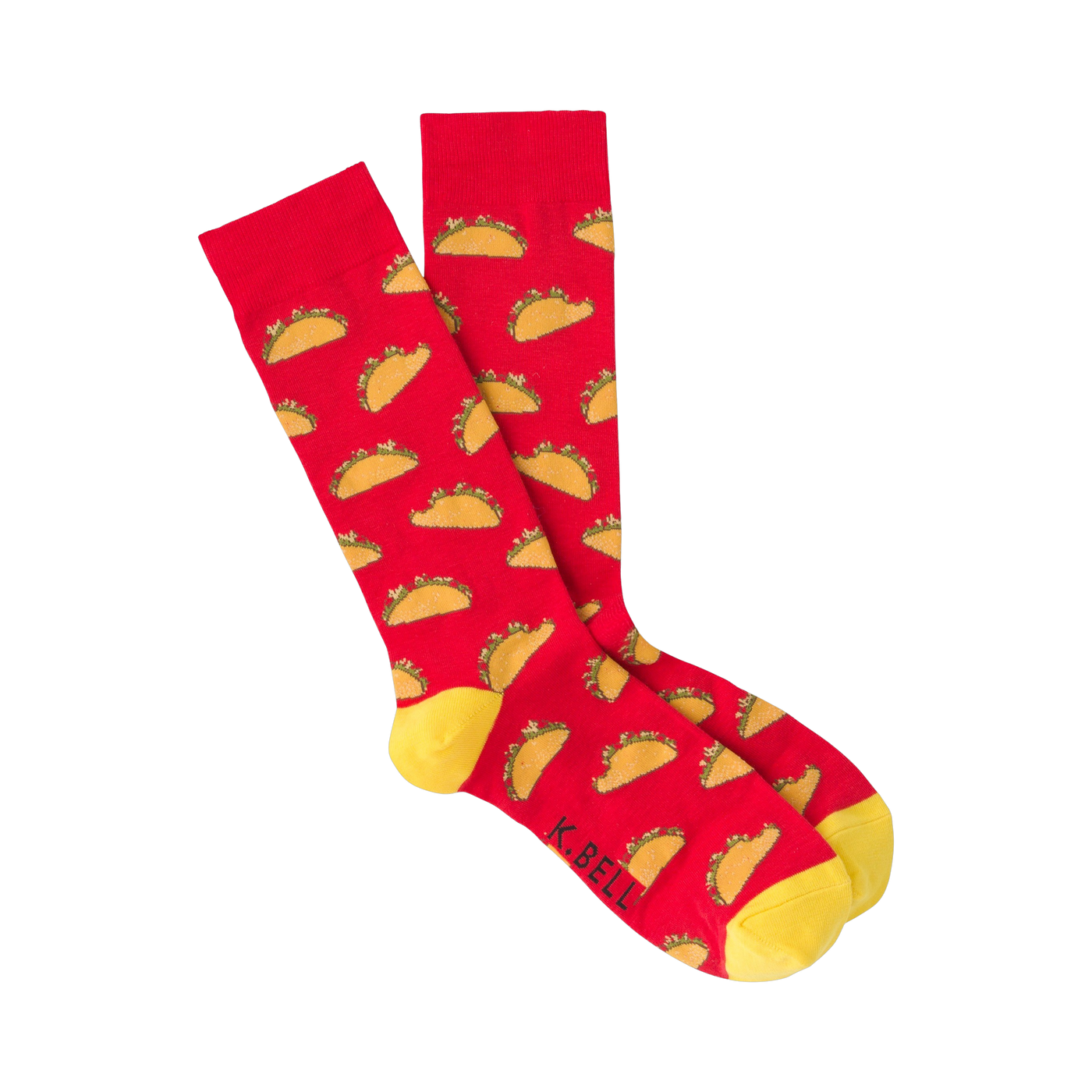 Pair of red crew socks with a yellow cuff and illustrated tacos pattern.
