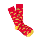 Pair of red crew socks with a yellow cuff and illustrated tacos pattern.