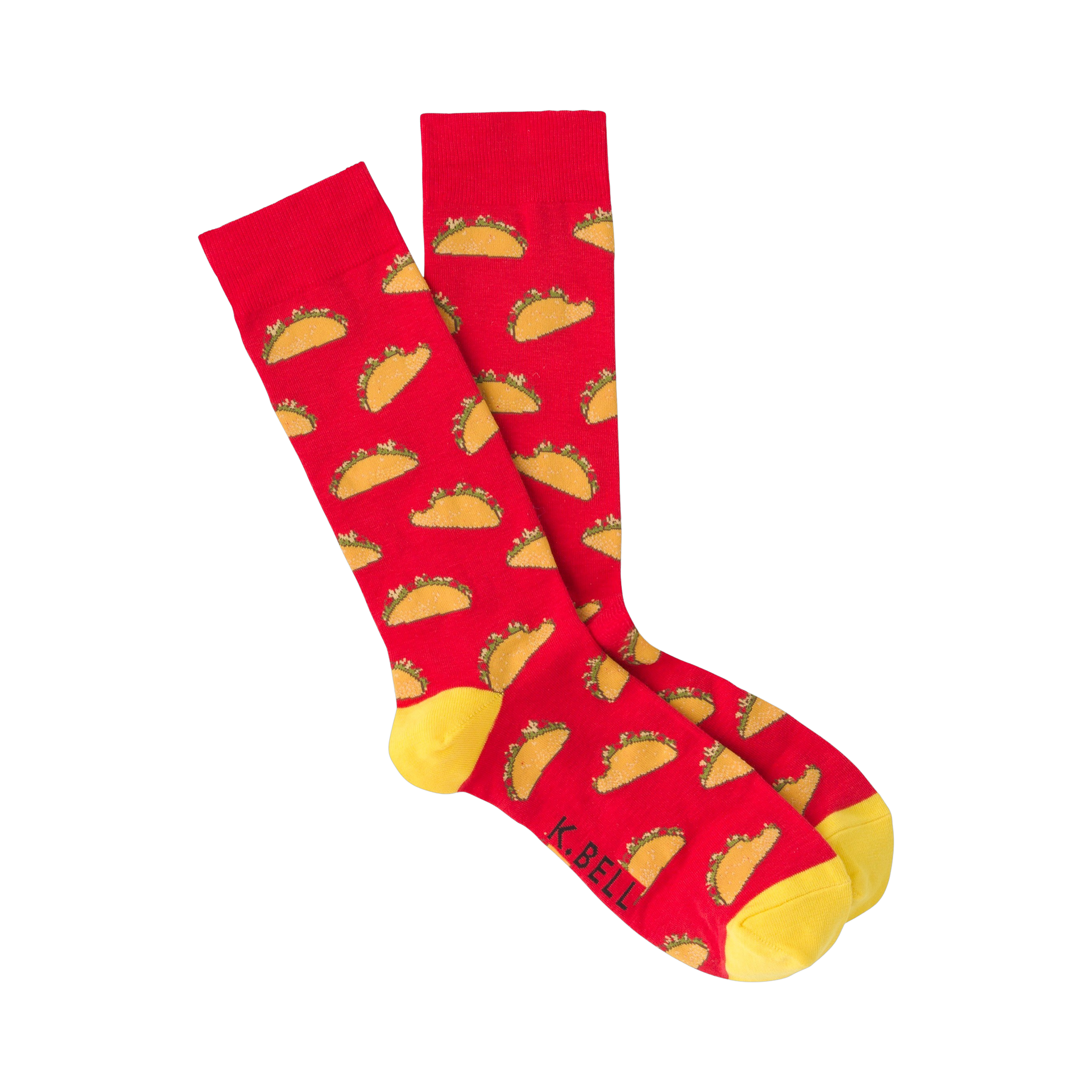 Pair of red crew socks with a yellow cuff and illustrated tacos pattern.
