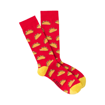 Pair of red crew socks with a yellow cuff and illustrated tacos pattern.