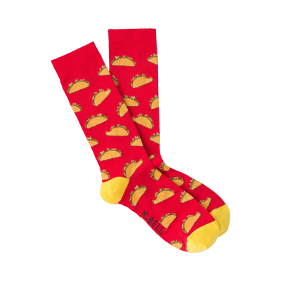 Pair of red crew socks with a yellow cuff and illustrated tacos pattern.