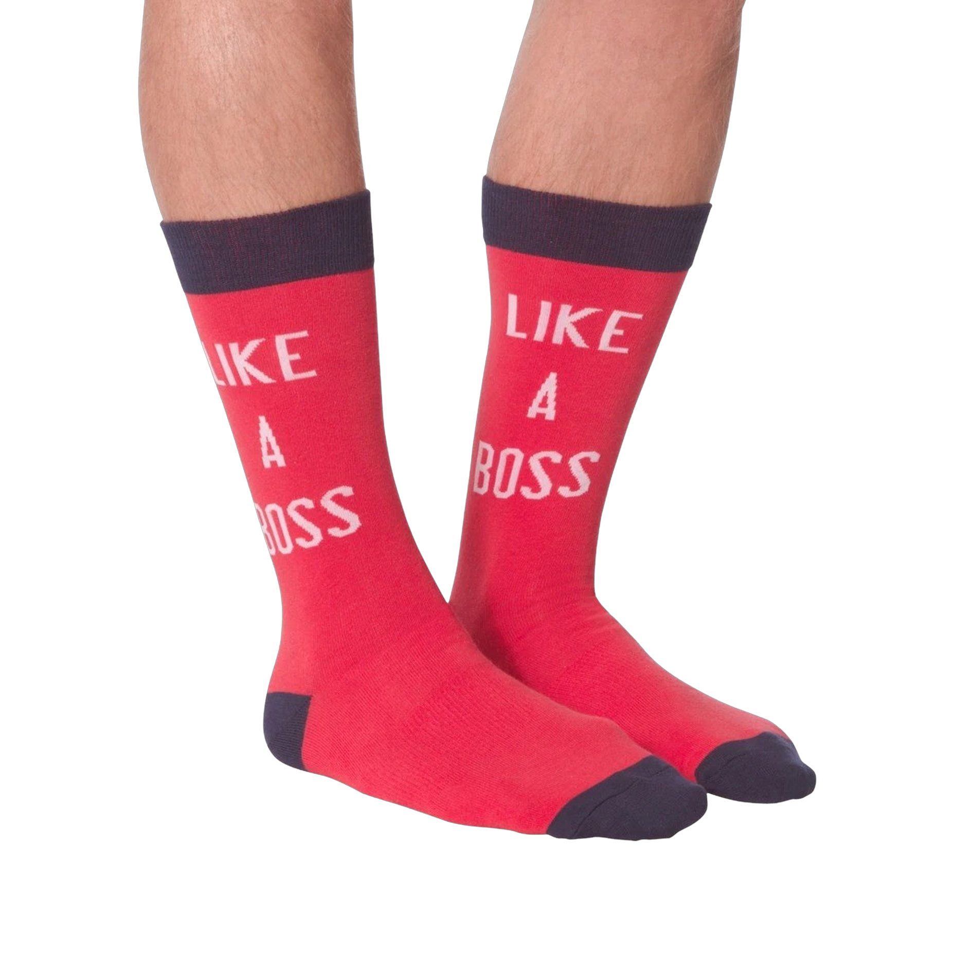 Lifestyle shot: A person's legs wearing the 'Like A Boss' red crew socks with navy cuffs.