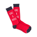 Pair of red crew socks with navy blue cuffs.  White text on socks reads 'LIKE A BOSS'.