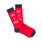 Pair of red crew socks with navy blue cuffs.  White text on socks reads 'LIKE A BOSS'.
