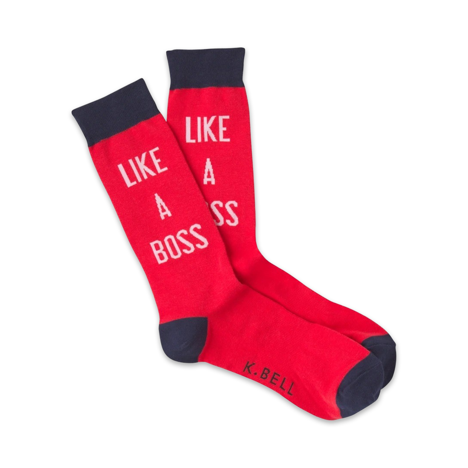 Pair of red crew socks with navy blue cuffs.  White text on socks reads 'LIKE A BOSS'.
