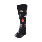 Back view of black crew socks showcasing the full BBQ-themed design.