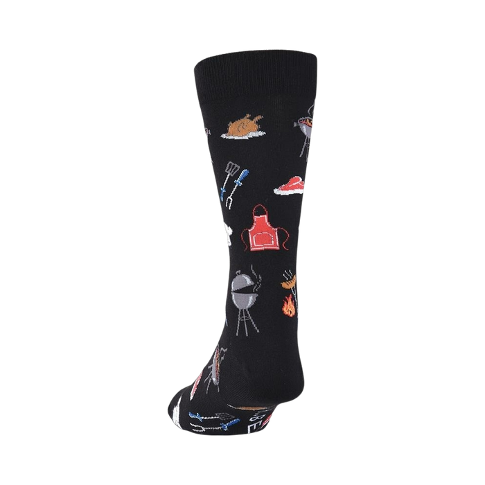 Back view of black crew socks showcasing the full BBQ-themed design.