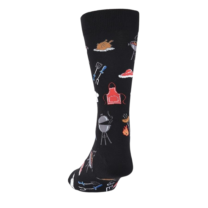 A black sock with colorful BBQ and grilling themed images all over.