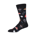 Side view of a single black crew sock, highlighting the design details and sock's fit.