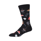 Side view of a single black crew sock, highlighting the design details and sock's fit.
