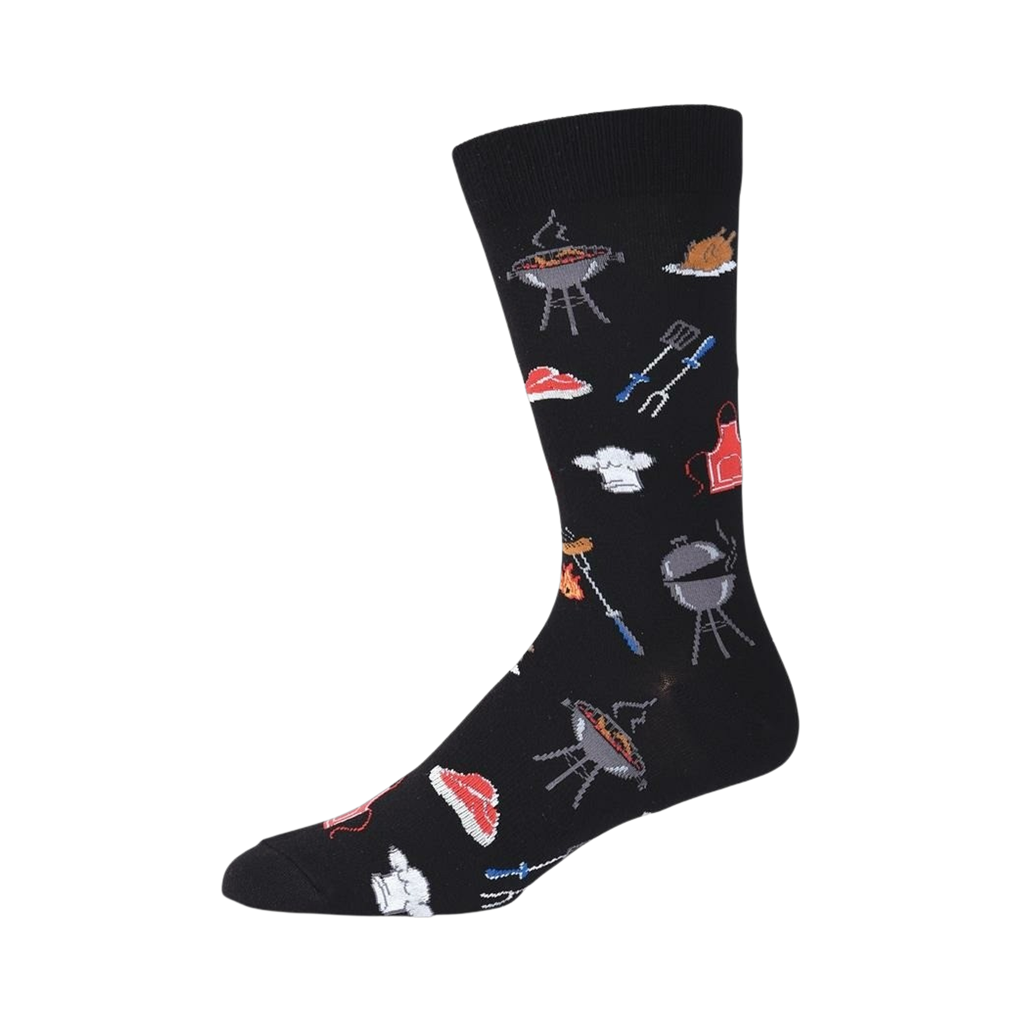 Side view of a single black crew sock, highlighting the design details and sock's fit.