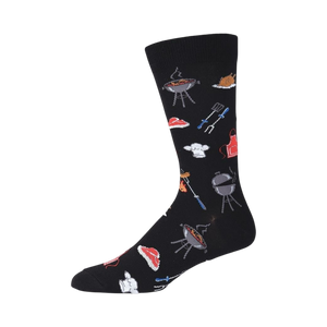 Side view of a single black crew sock, highlighting the design details and sock's fit.