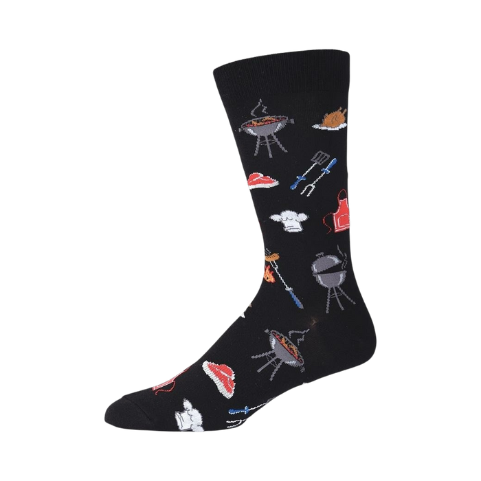 Side view of a single black crew sock, highlighting the design details and sock's fit.