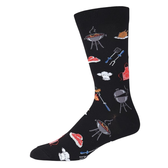 A black sock with colorful BBQ and grilling themed images all over.